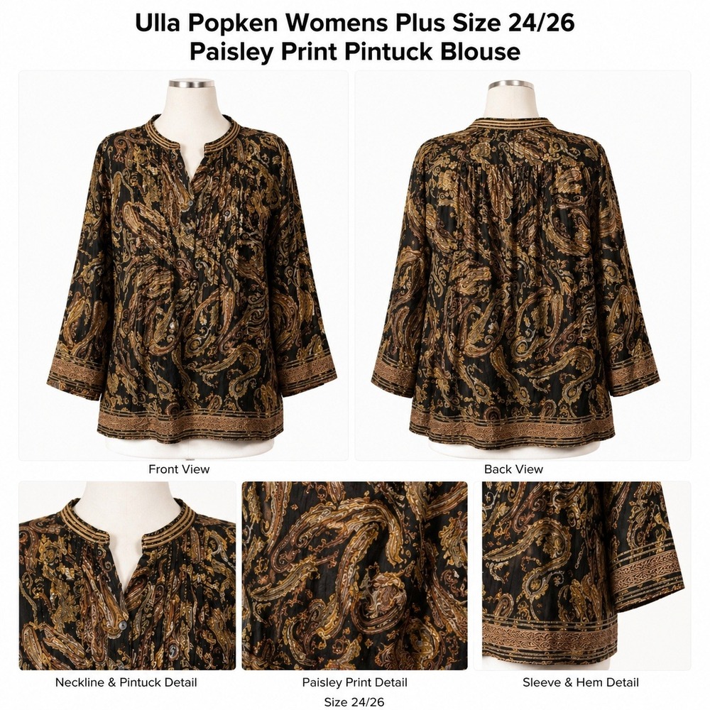 Ulla Popken Womens Plus Size 24/26 Paisley Print Pintuck Blouse Gold Black 35437